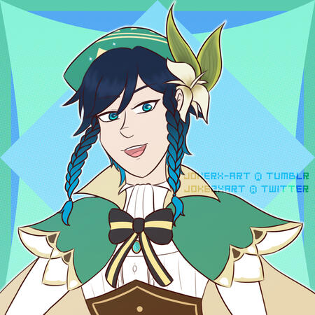 Flat bust of Venti (Genshin Impact) on an abstract background of shades of blue and green.