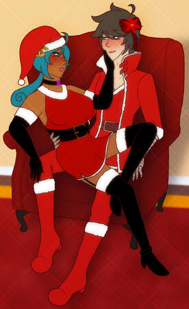 Flat full body (with minor detail) of Ion Christine (Game of Dice) and an OC. Simple background.