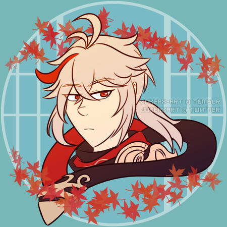 Partial flat sketch bust of Kaedehara Kazuha (Genshin Impact) on an abstract teal background with maple leaf accents.