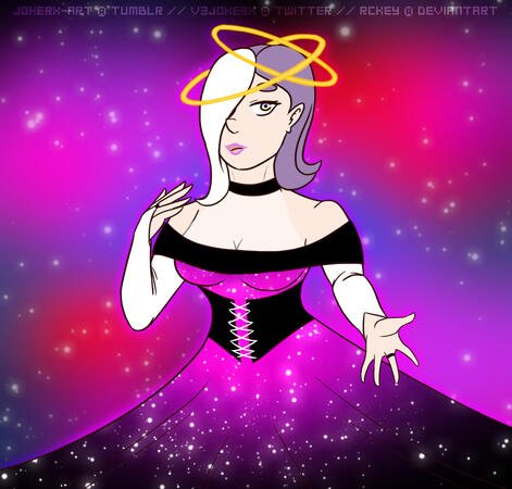 Flat waist of an OC dressed in space/cosmos aesthetic attire. Space/cosmos inspired abstract background.