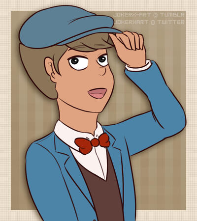 Flat bust of Luke Triton (Professor Layton and the New World of Steam). Abstract background.