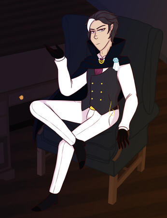 Shaded full body of Ion Christine (Game of Dice), an alternate version of him, in his office.