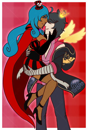 Flat full body/partial of Ion Christine (Game of Dice) and an OC. Abstract red/pink shades background.