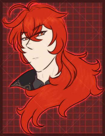 Partial flat sketch bust of Diluc Ragnvindr (Genshin Impact) on a red accented abstract grid background.